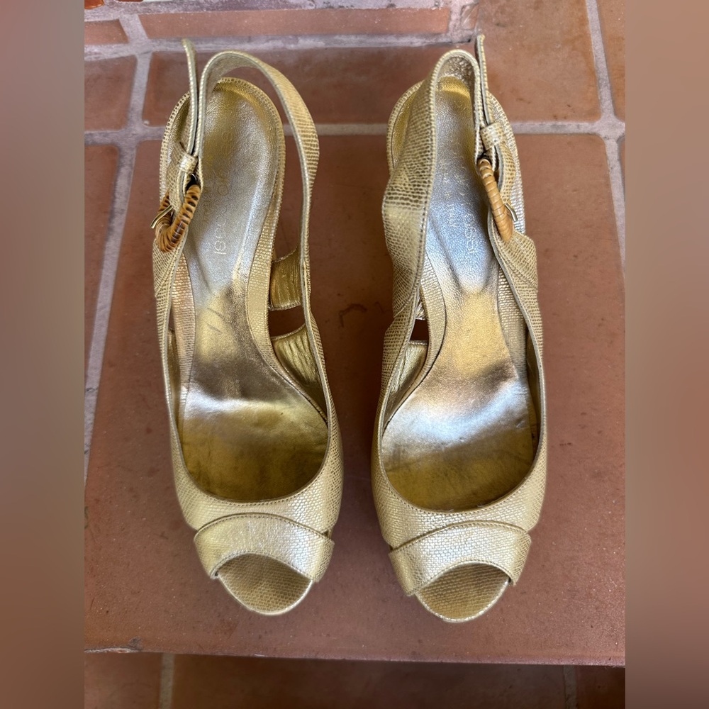 Sergio Rossi gold leather platform slingback sandal w/wicker heel Size 37 US 7